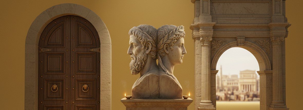 Beeld van Romeinse God Janus met links een deur en rechts een poort